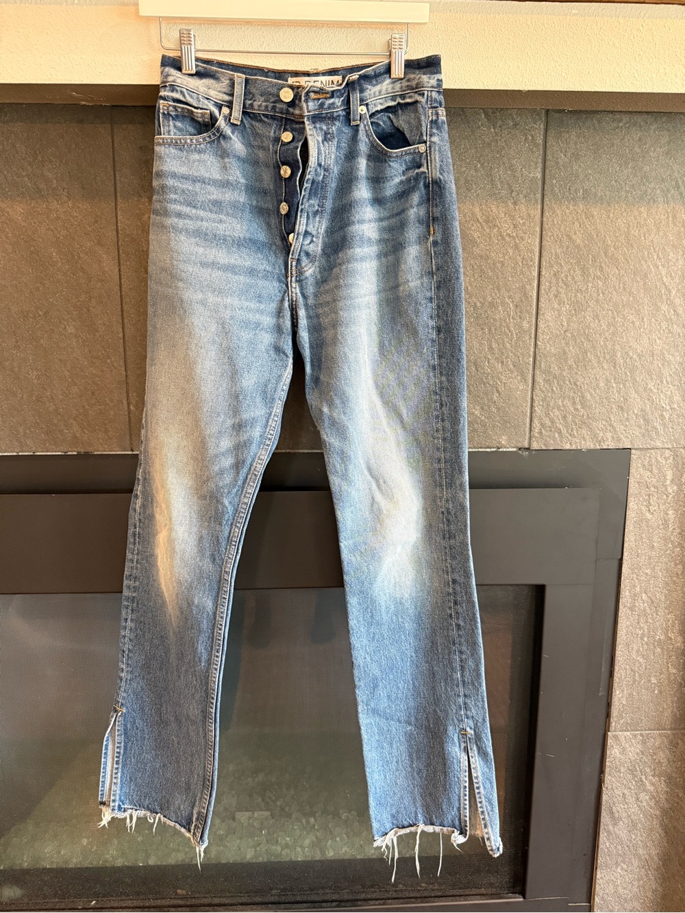 EB Denim split hem Distressed Light Blue Straight Jeans with Button-Fly
